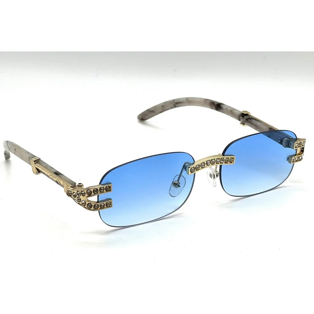 Rimless Gradient Blue‎ Lens Sunglasses Rhinestone Embellished Gold Tone Frames